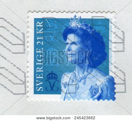 GOMEL, BELARUS, 6 DECEMBER 2017, Stamp printed in Sweden shows image of the Queen Silvia of Sweden is the spouse of King Carl XVI Gustaf, circa 2017. 