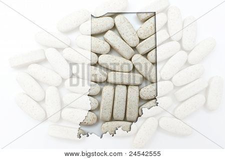Kontur kort fra Indiana med gennemsigtig piller i baggrunden