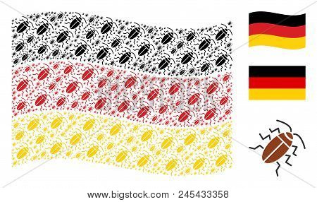 Waving German Flag. Vector Cockroach Design Elements Are Grouped Into Conceptual German Flag Collage