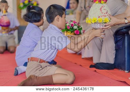 Kanchanaburi Thailand - June 14 : Unidentified Students Decorate Pedestal Tray And Flower For Give T