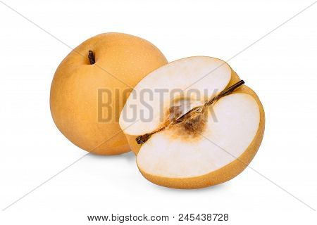 Whole And Half Snow Pear Fruit Isolated On White Background