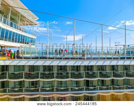 Cape Canaveral, Usa - April 29, 2018: The People Playing At Upper Deck With Mini Basketball Court At