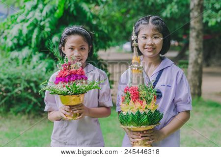 Kanchanaburi Thailand - June 14 : Unidentified Students Decorate Pedestal Tray And Flower For Give T