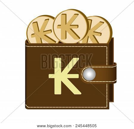 Brown  Wallet With Kip Coins On A White Background , Currency In The Wallet,sign And Symbol Currency