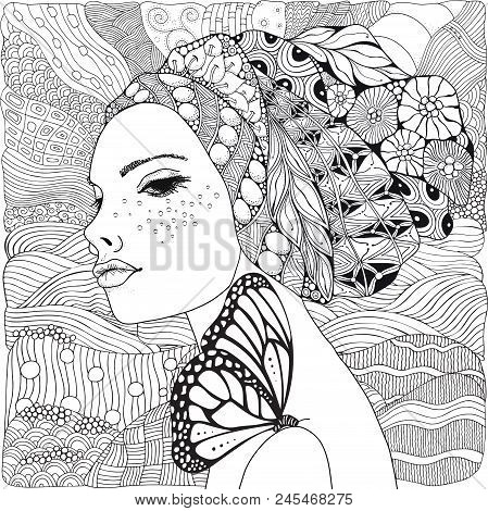 Young Beautiful Woman And Butterfly. Beach, Facing Out To Sea. Black And White Doodle Coloring Book 