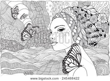 Young Beautiful Woman And Butterfly. Beach, Facing Out To Sea. Black And White Doodle Coloring Book 