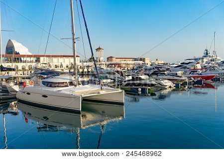 Sochi, Russia-june 14, 2018: Marine Port Resort Town With Yacht Parking