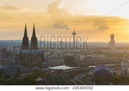 View To The Beautiful City Of Cologne And The Famous Cologne Cathedral  In Germany In June 2018.