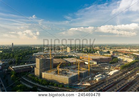 View From Above To A Big Construction Area And A Blue Sky With White Clouds In The City Of Cologne I