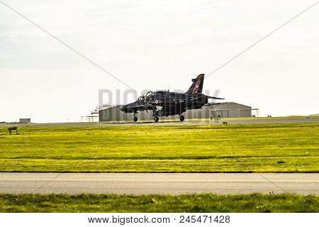 Anglesey , Wales - April 26 2018 : British Aerospace Hawk T.2 Landing At Anglesey Raf Valley Airport
