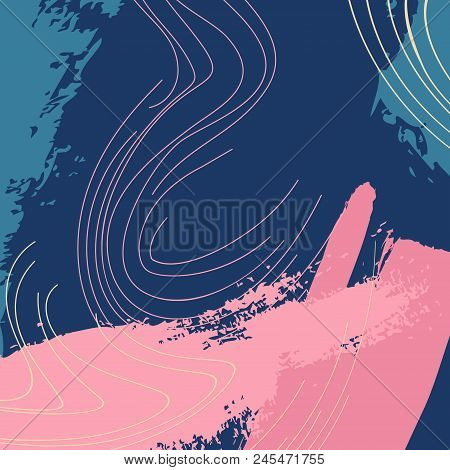 Vector Dymanic Navy Pink Brush Stroke Pattern. Pastel Creative Contemporary Decoration In Dark Contr