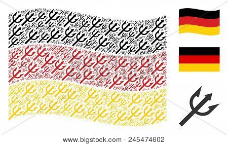 Waving German Official Flag. Vector Trident Fork Items Are Combined Into Conceptual German Flag Illu