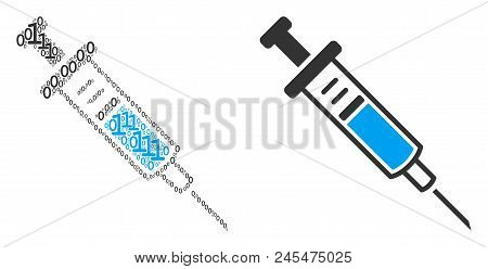 Syringe Collage Icon Of Zero And One Symbols In Different Sizes. Vector Digits Are United Into Syrin