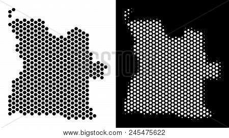 Hexagon Angola Map. Vector Geographic Plan In Black And White Variants. Abstract Angola Map Concept 