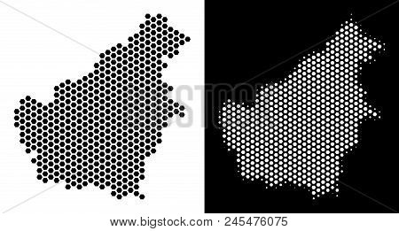 Hexagon Borneo Island Map. Vector Geographic Scheme In Black And White Variants. Abstract Borneo Isl