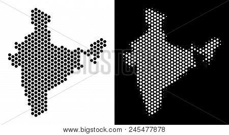 Hexagon India Map. Vector Territorial Scheme In Black And White Versions. Abstract India Map Mosaic 