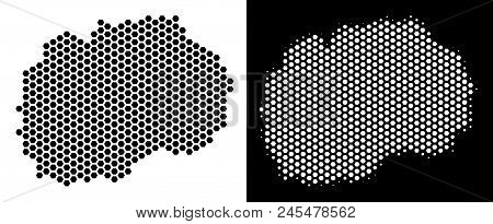 Hex-tile Makedonia Map. Vector Territorial Scheme In Black And White Versions. Abstract Makedonia Ma