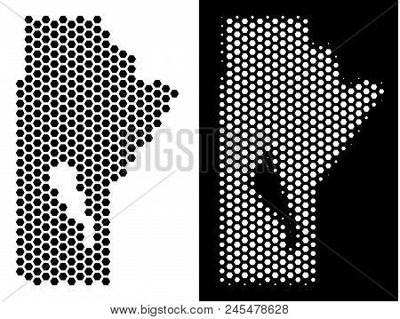 Hexagon Manitoba Province Map. Vector Territory Scheme In Black And White Versions. Abstract Manitob