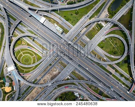 Bangkok Expressway Top View, Top View Over The Highway,expressway And Motorway At Night, Aerial View