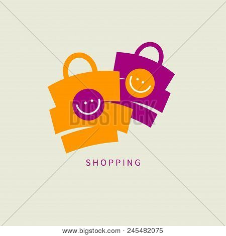 Icon Shopping, Two Bags Smile, Logo E Commerce, Online Sales, Shopping. Vector Illustration