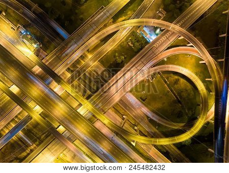Bangkok Expressway Top View, Top View Over The Highway,expressway And Motorway At Night, Aerial View