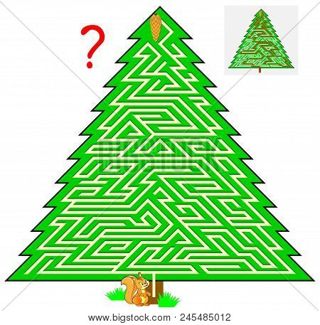Logic Puzzle Game With Labyrinth For Children And Adults. Help The Squirrel Find The Way To The Fir 