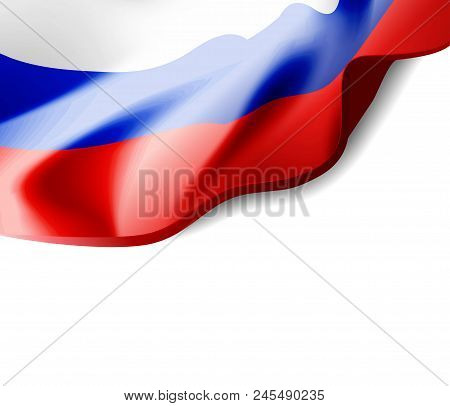 Waving Flag Of Russia Close-up With Shadow On White Background. Vector Illustration With Copy Space 