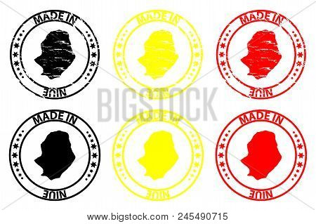 Made In Niue - Rubber Stamp - Vector, Niue Map Pattern - Black, Yellow And Red