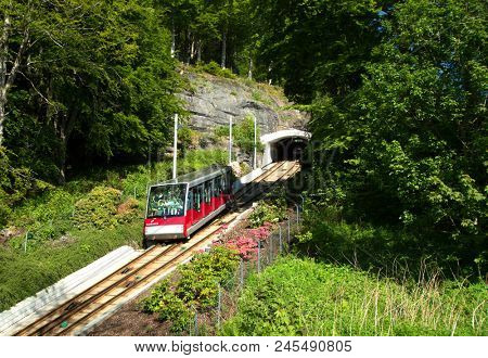 BERGEN-NORWAY MAY 27, 2017:  The Floibanen is a funicular railway in the Norwegian city of Bergen. It connects the city centre with the mountain of Floyen