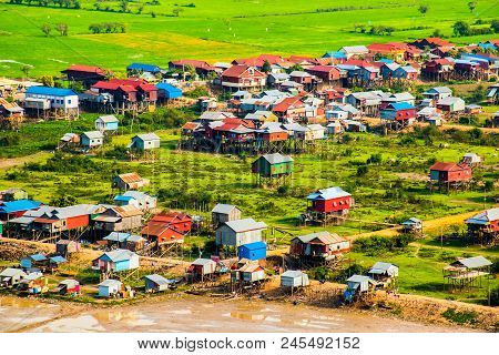 Floating Village Phnom Krom, Green Rice Fields In Tonle Sap, Siem Reap, Cambodia