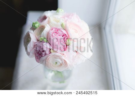 Gorgeous Bridal Bouquet Of Pink Peonies Sarah Bernhardt, Ranunculuses Hanoi, Garden Roses And White 