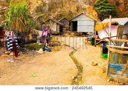Poor Houses And Huts In Phnom Krom Village, Siem Reap In Cambodia