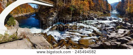 Probiy Waterfall On The Prut River, In Yaremche City, Ivano-frankivsk Oblast, Ukraine. Autumn Landsc