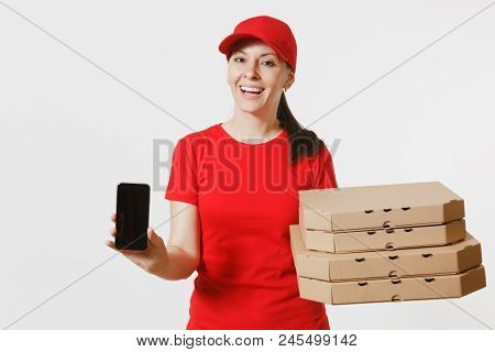 Woman In Red Cap, T-shirt Giving Food Order Italian Pizza In Cardboard Flatbox Boxes Isolated On Whi
