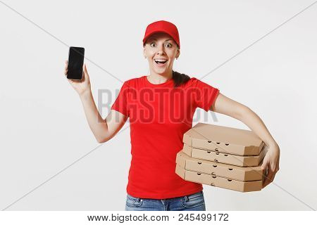 Woman In Red Cap, T-shirt Giving Food Order Italian Pizza In Cardboard Flatbox Boxes Isolated On Whi
