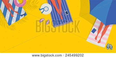Top View Beach Background, Summer Water Activities. Women Relaxing At The Beach. Vector Banner, Post