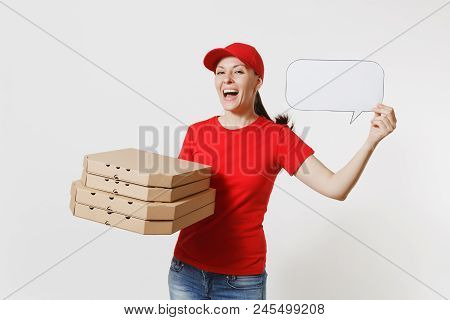 Woman In Red Cap, T-shirt Giving Food Order Pizza Boxes Isolated On White Background. Female Courier