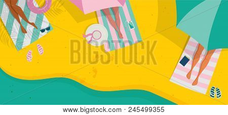 Top View Beach Background, Summer Water Activities. Women Relaxing At The Beach. Vector Banner, Post