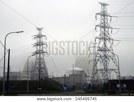 Nuclear Plant In Doel, Antwerp Area In Belgium In Clouds Of Fog Makes Mysterious Look