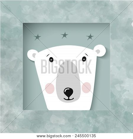 Cute Bear Illustration. Paper Cut Watercolor Frame