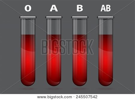Different Blood Types In Test Tube Illustration On A Gray Background