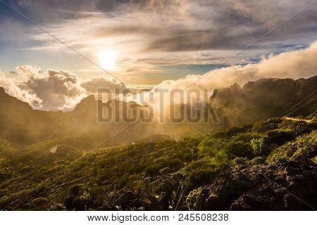 Amazing Sunset Landscape View To Famous Maska Canyon In Rural Park Teno On Tenerife Island Spain