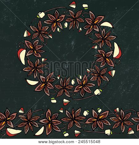 Black Board Background And Chalk. Endless Pattern Brush, Round Garland With With Anise Star Seeds. M