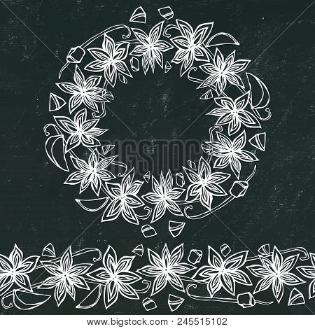 Black Board Background And Chalk. Endless Pattern Brush, Round Garland With With Anise Star Seeds. M