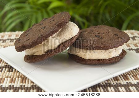 Chocolate Cookie With Cinnamon Ice Cream Sandwhich Outside On A White Plate