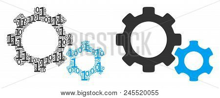 Gears Composition Icon Of Binary Digits In Various Sizes. Vector Digital Symbols Are Grouped Into Ge