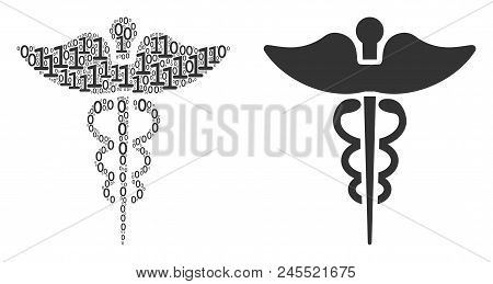 Medicine Caduceus Symbol Mosaic Icon Of One And Zero Digits In Random Sizes. Vector Digits Are Forme