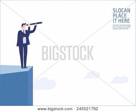 Businessman Standing On A Cliff. Looking Through Monocular Into The Futurebusiness Vision And Vision