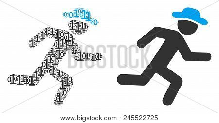 Running Gentleman Composition Icon Of One And Zero Digits In Random Sizes. Vector Digit Symbols Are 