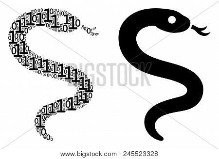 Snake Composition Icon Of Binary Digits In Different Sizes. Vector Digit Symbols Are Arranged Into S
